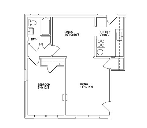 A floor plan of a living space with a kitchen, dining area, bathroom, and bedroom.